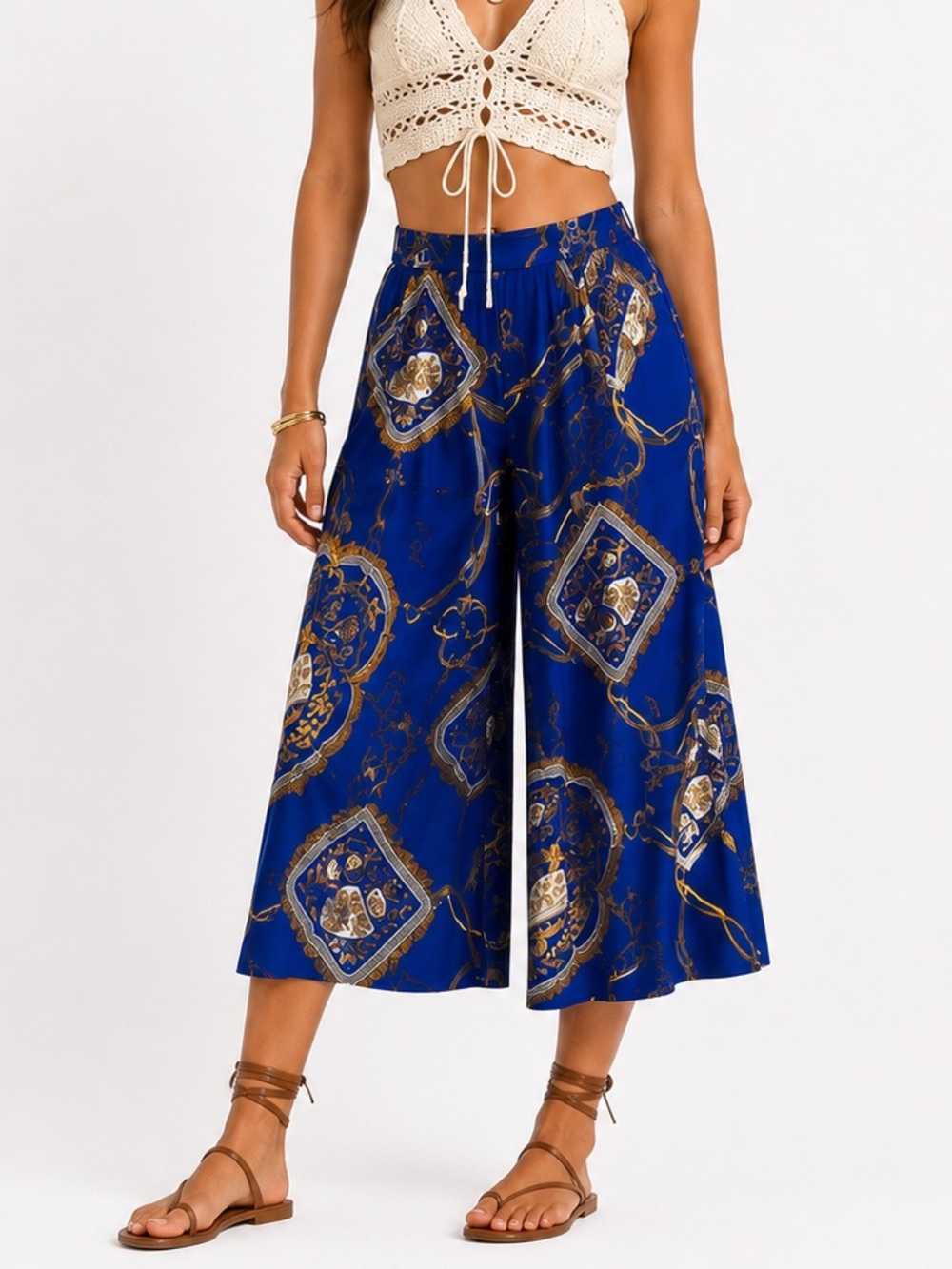 Cropped Wide Leg Printed Culotte Pants in Royal Blue - Picture 1 of 10